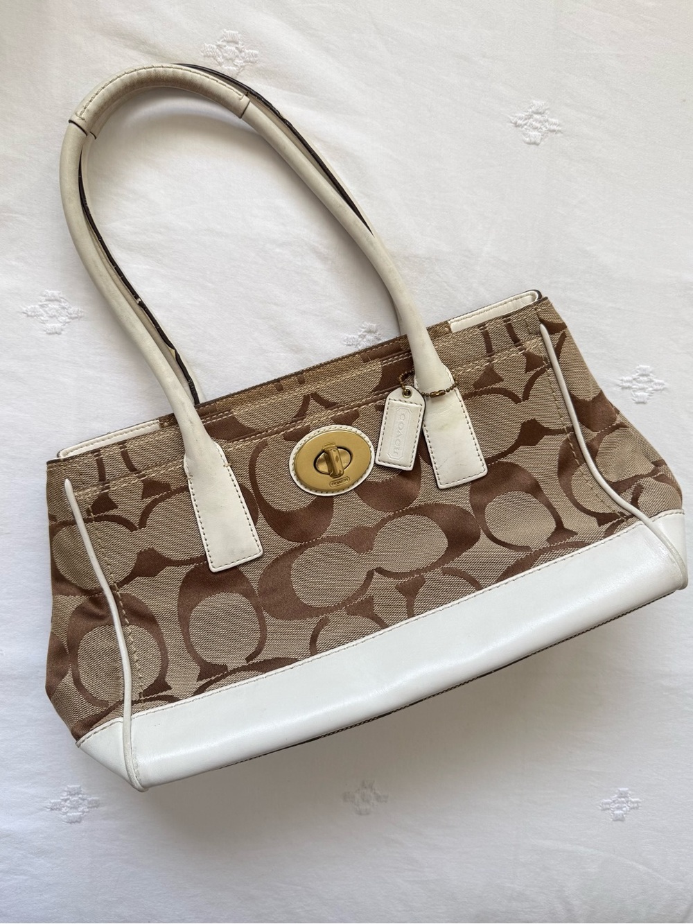 Coach Hamptons Madeline Signature C Monogram Shoulder Bag Leather Tote Trim Y2K